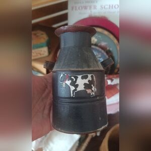 Vintage Primitive Wood Hand Carved Milk Can With Cow